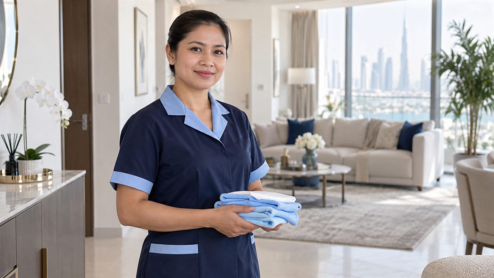 Portrait of an Elite Maids cleaner in uniform in a Dubai home
