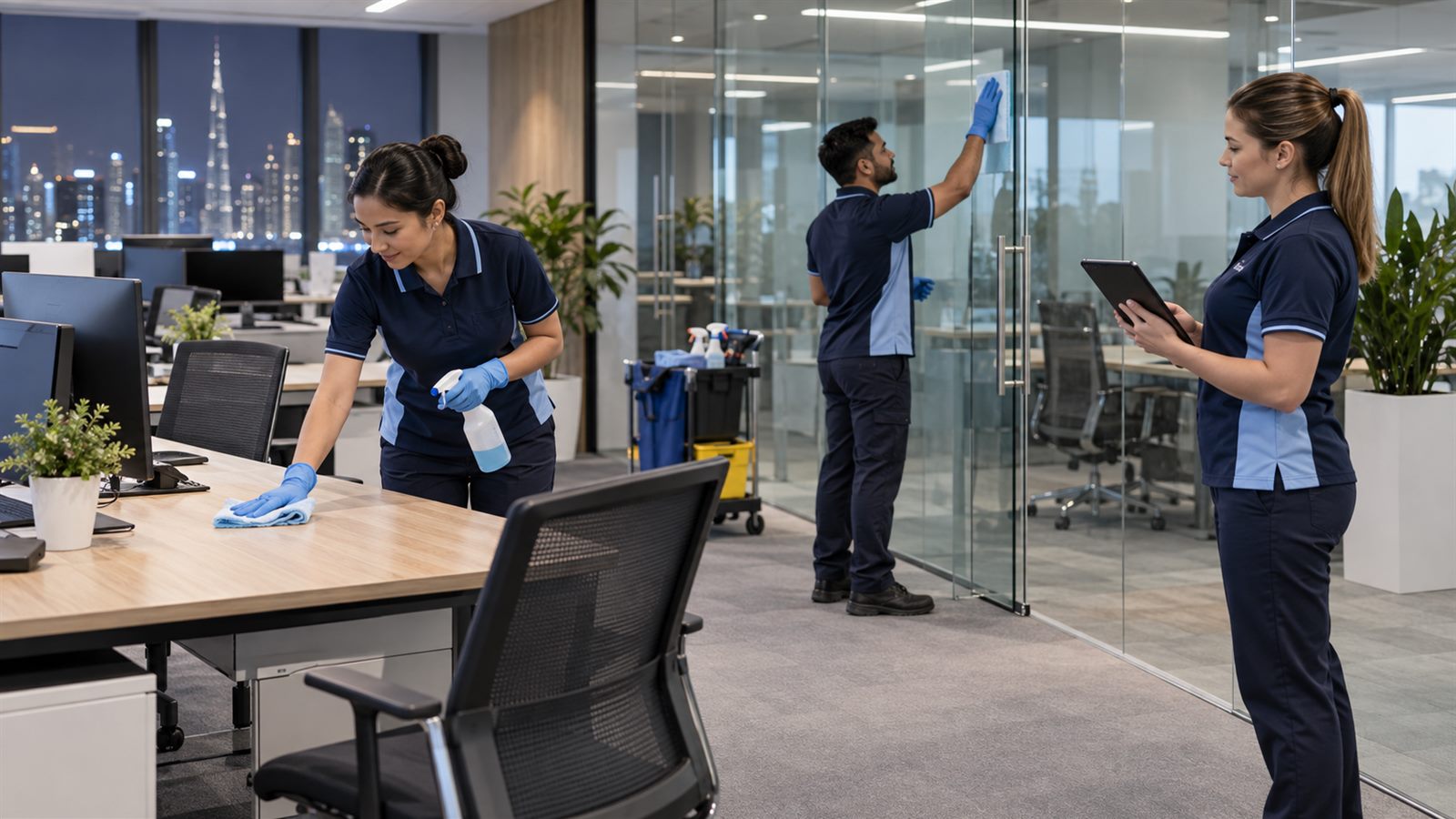 Elite Maids commercial cleaning team at work in a Dubai office
