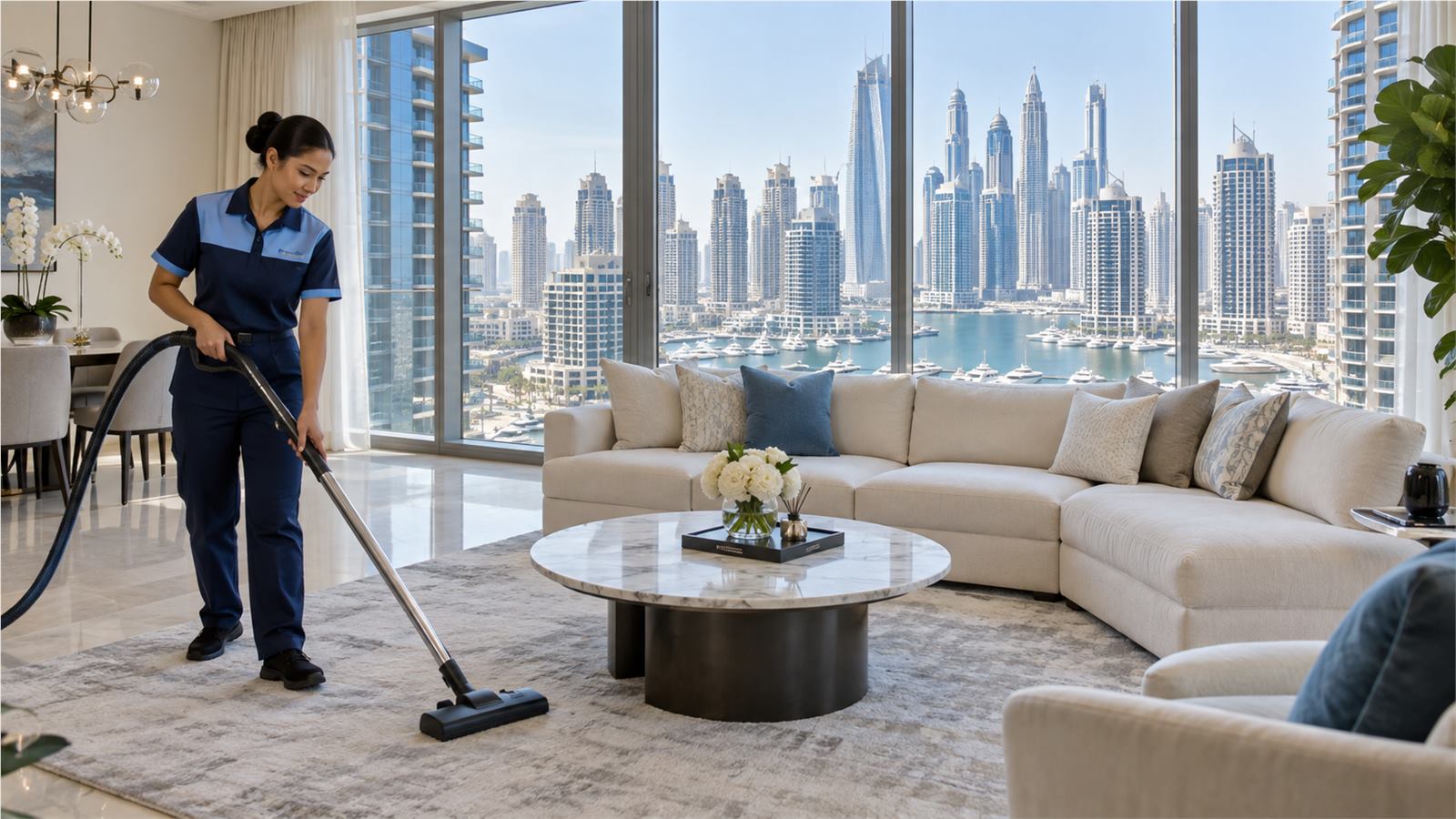 Elite Maids cleaner in a high-rise apartment overlooking Dubai Marina