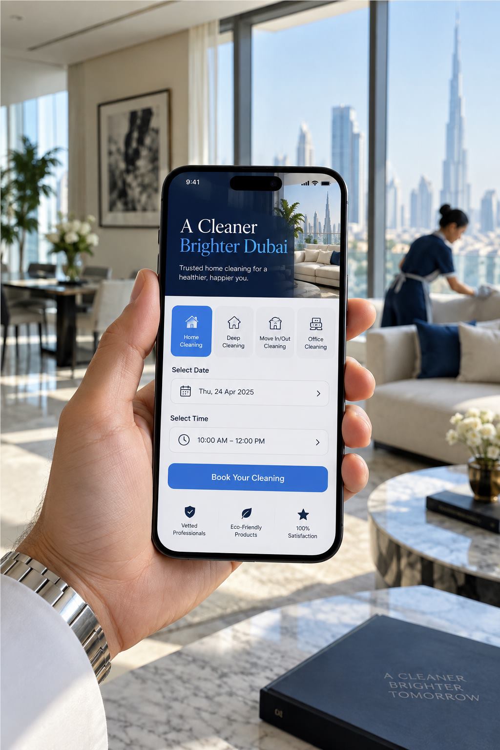 Booking a cleaning in the Elite Maids app on a phone
