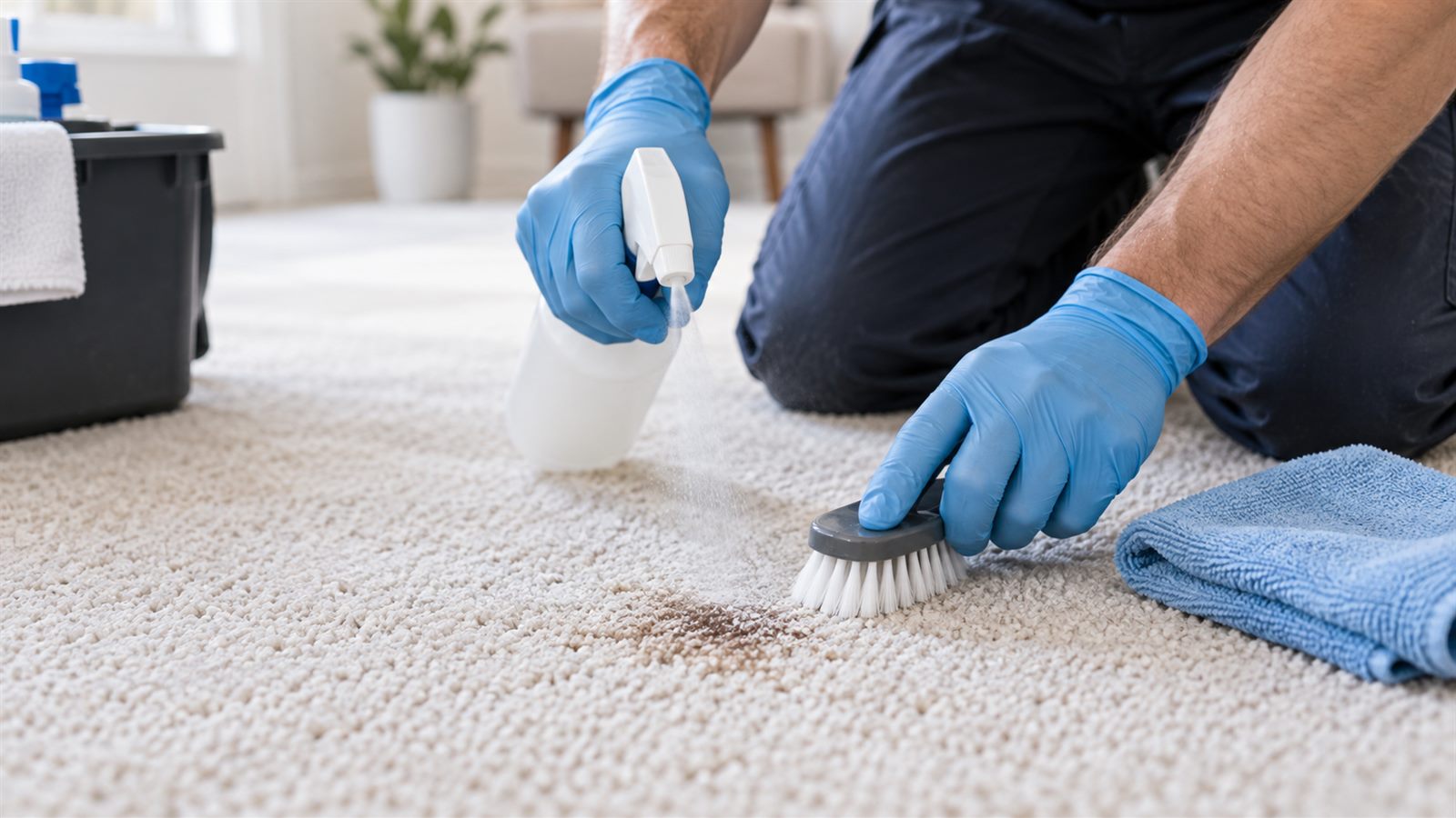 Carpet stain pre-spray treatment on a traffic lane in a Dubai villa