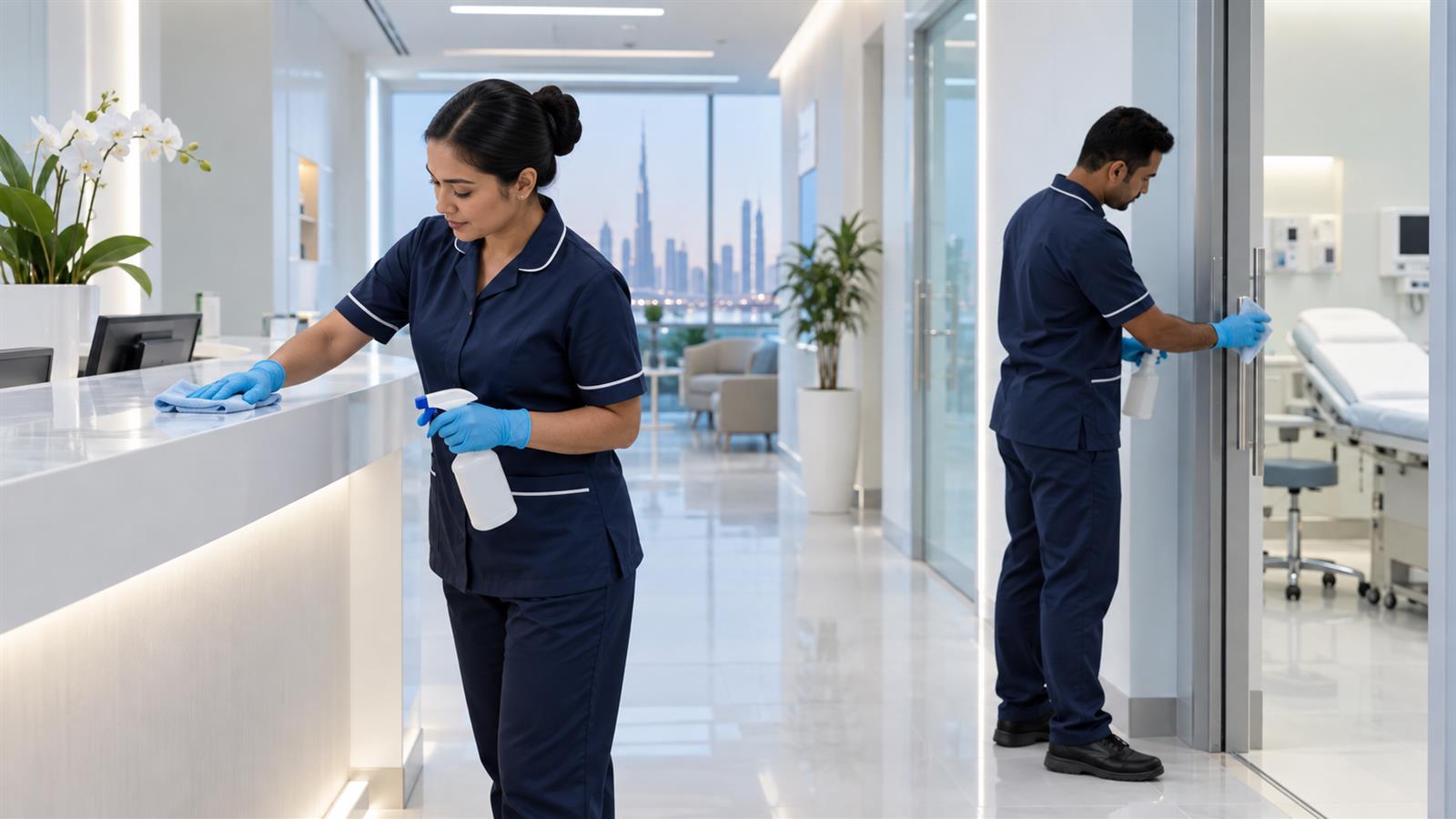 Elite Maids disinfection team working in a Dubai clinic