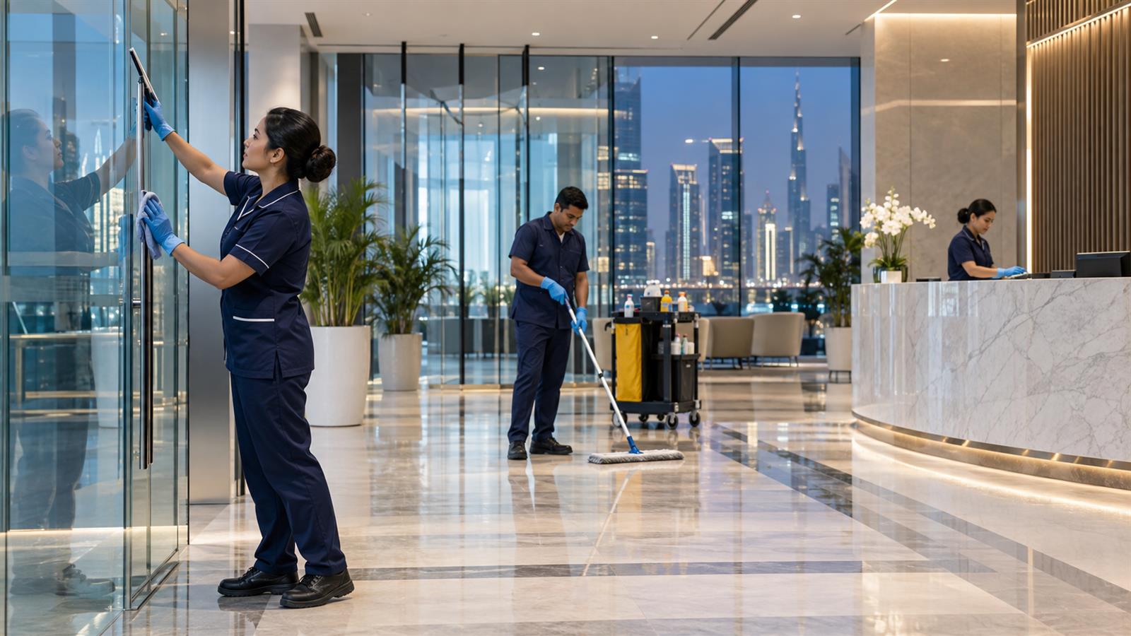 Commercial cleaning team working in a Dubai office building