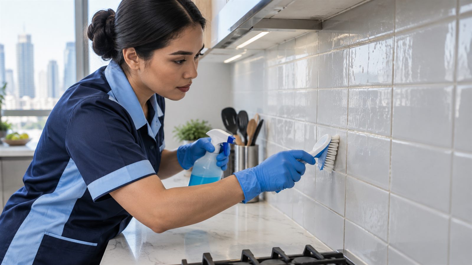 Deep cleaning technician scrubbing kitchen tiles in a Dubai apartment