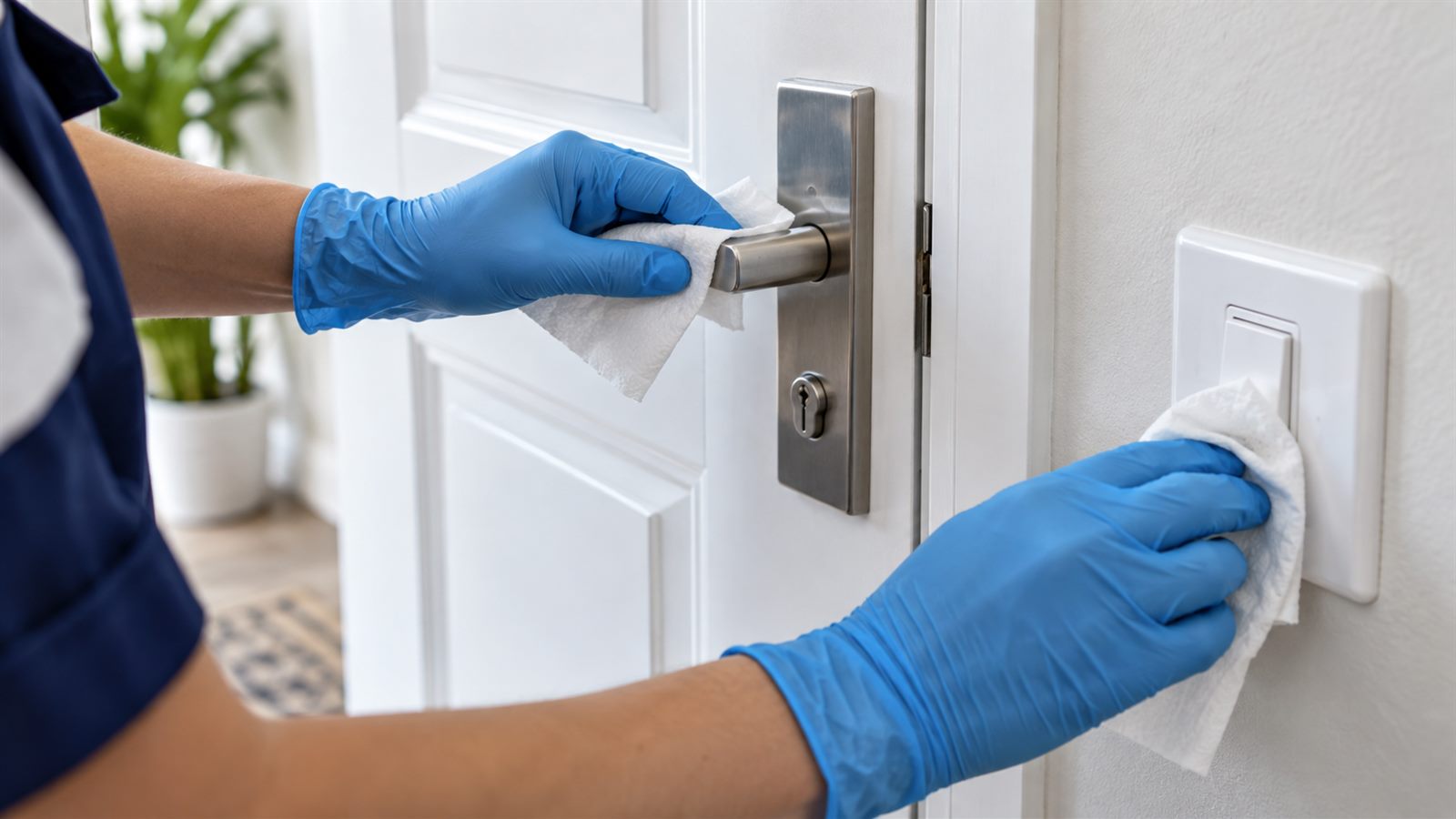 Technician disinfecting high-touch door handles in a Dubai apartment