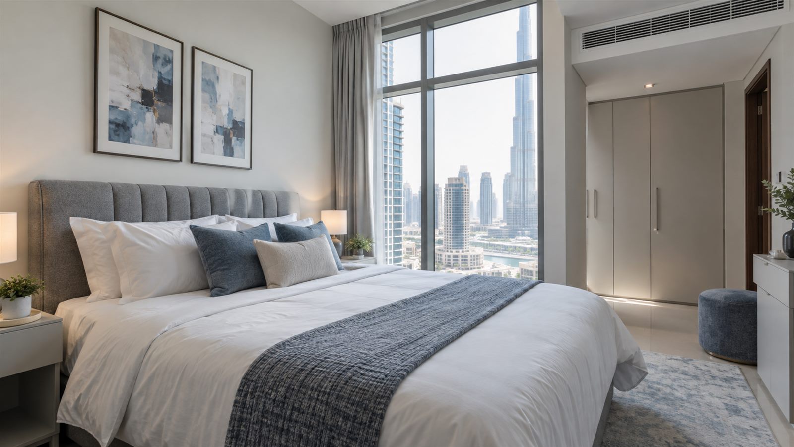 Bedroom in a Downtown Dubai apartment tower with limited natural ventilation
