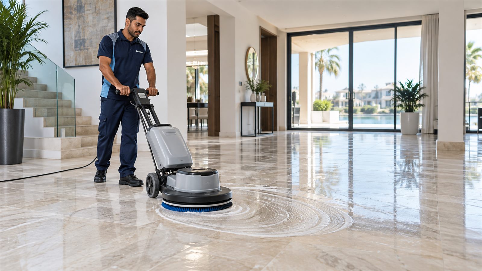 Floor scrubbing machine used on a Dubai villa floor
