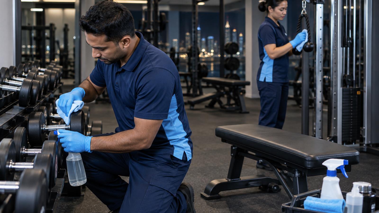 Gym equipment disinfected during a deep clean in Dubai