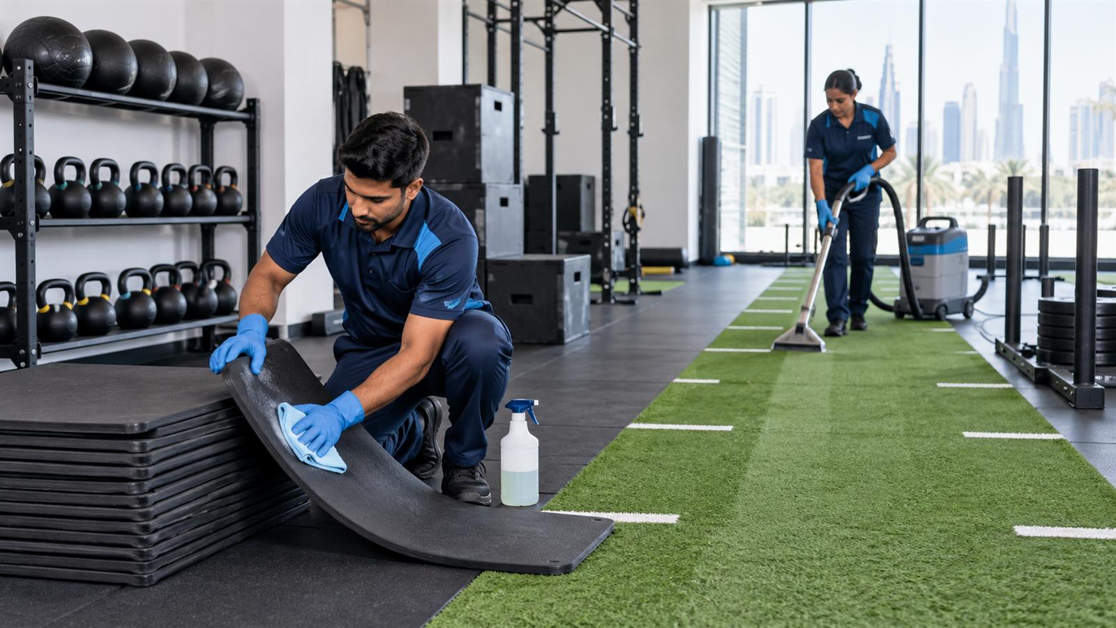 Exercise mats and functional turf cleaned in a Dubai gym