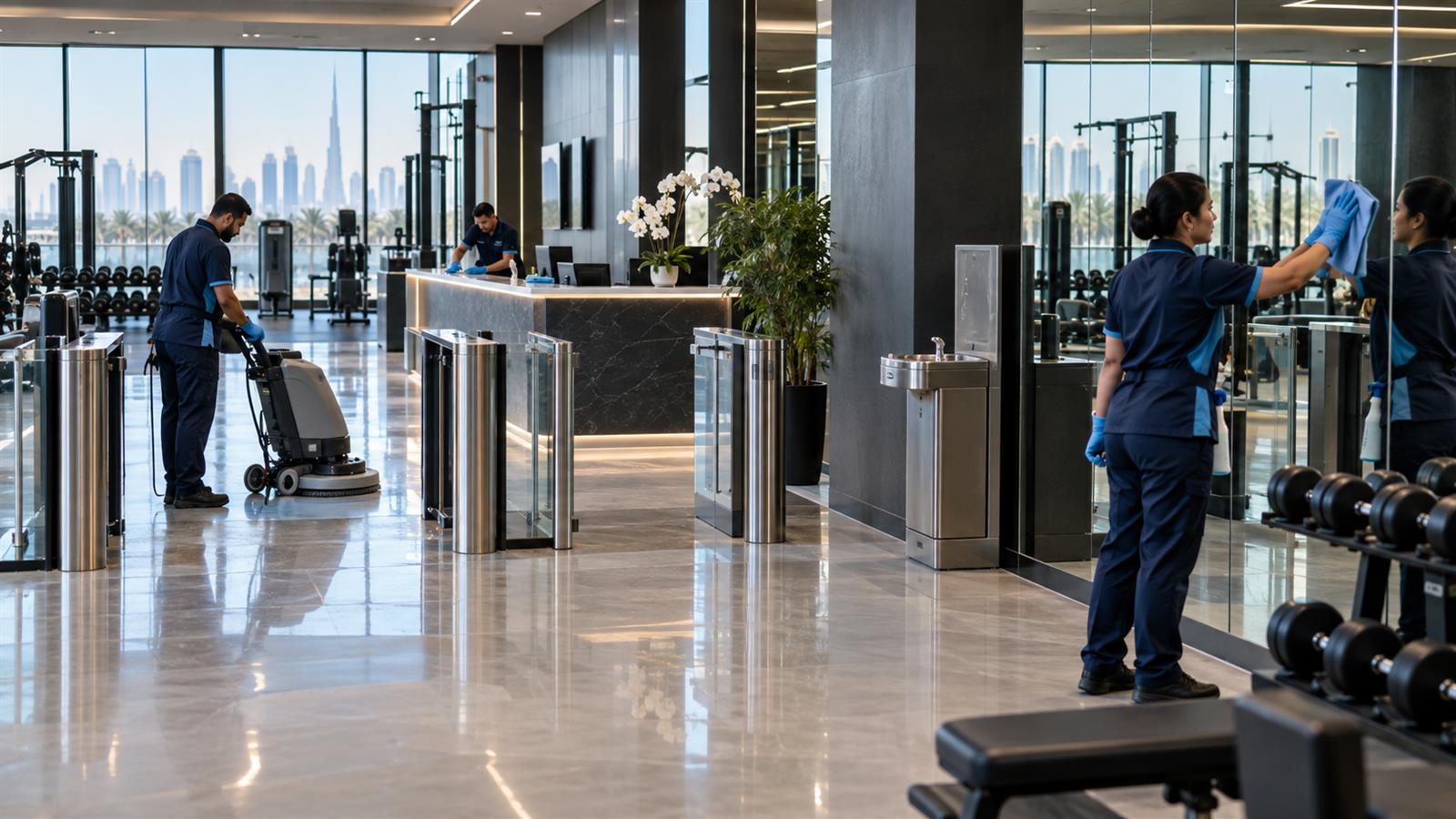 Gym mirrors and floors cleaned before opening in Dubai