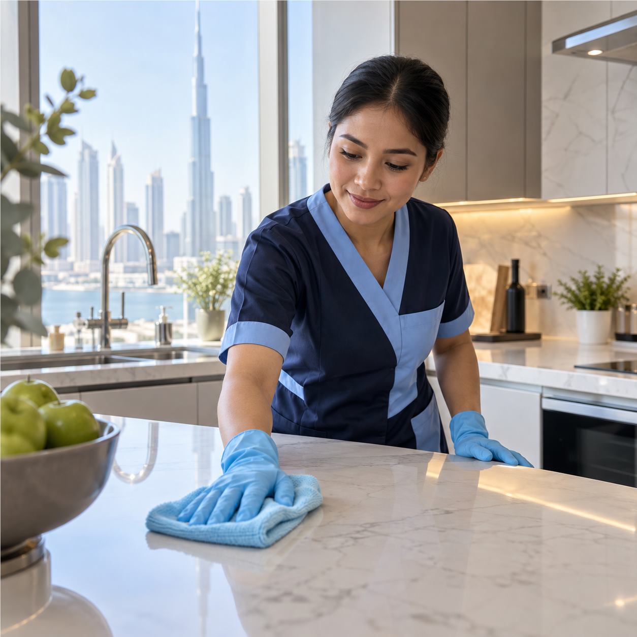 Kitchen surfaces being wiped down during a house cleaning visit in Dubai