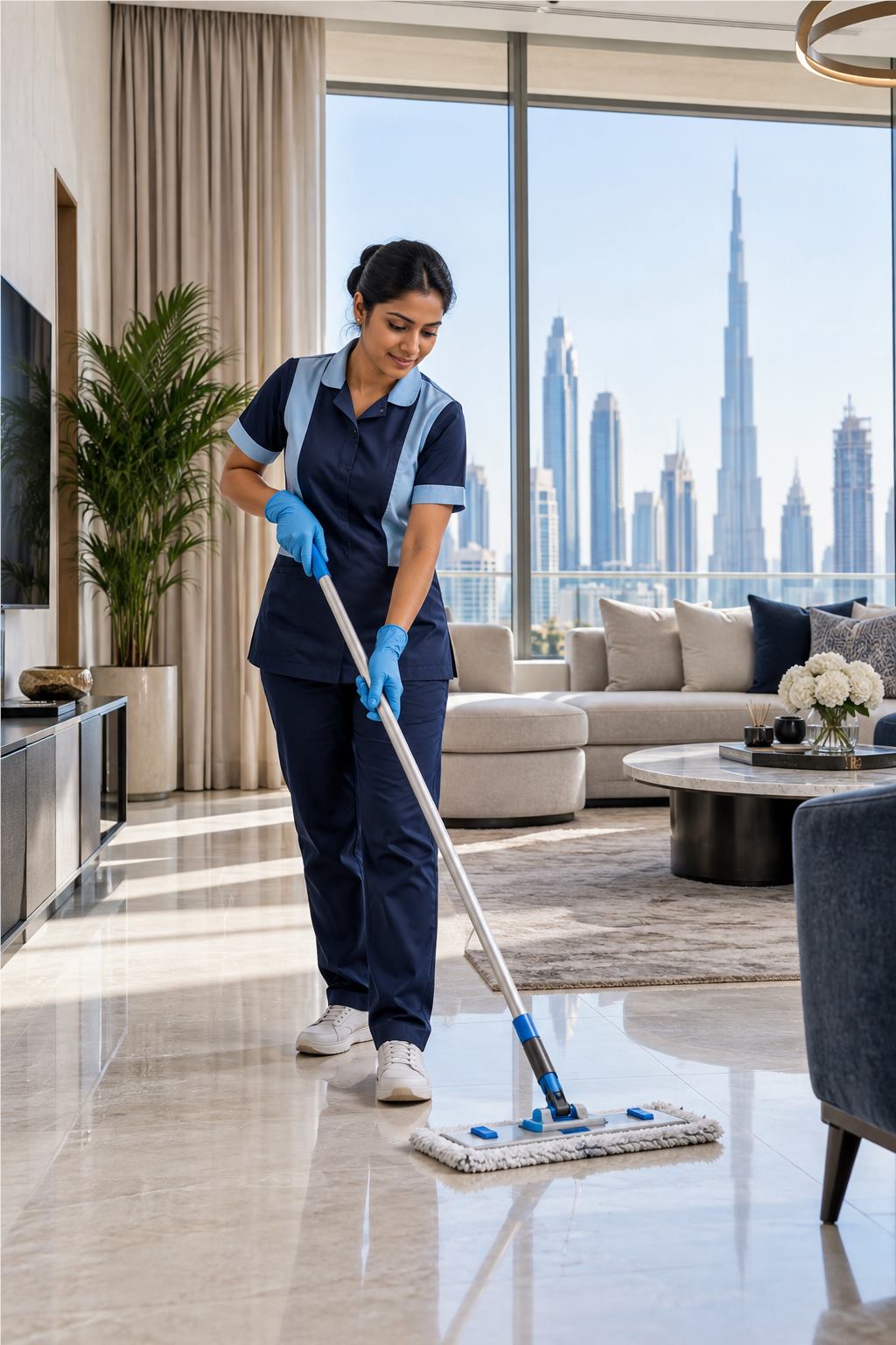 Elite Maids cleaner mopping a living room floor in a Dubai apartment