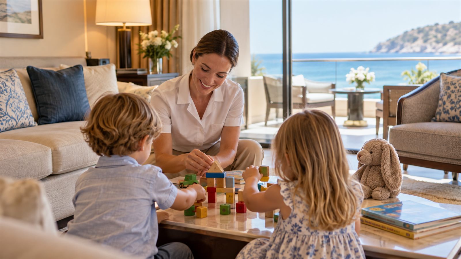 Holiday nanny playing with children in a Dubai hotel suite