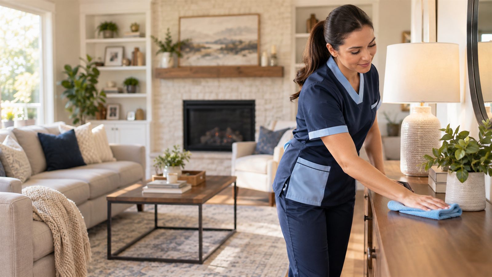 Trained Elite Maids maid dusting furniture in a Dubai home