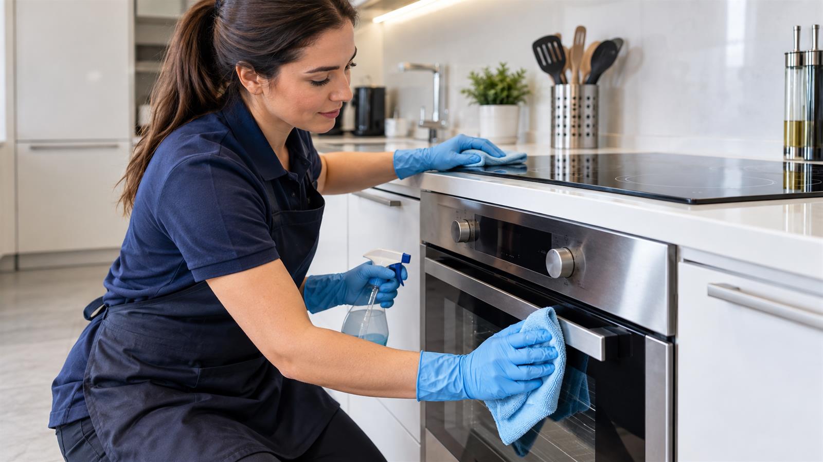 Kitchen appliance degreasing during an apartment deep clean in DIFC