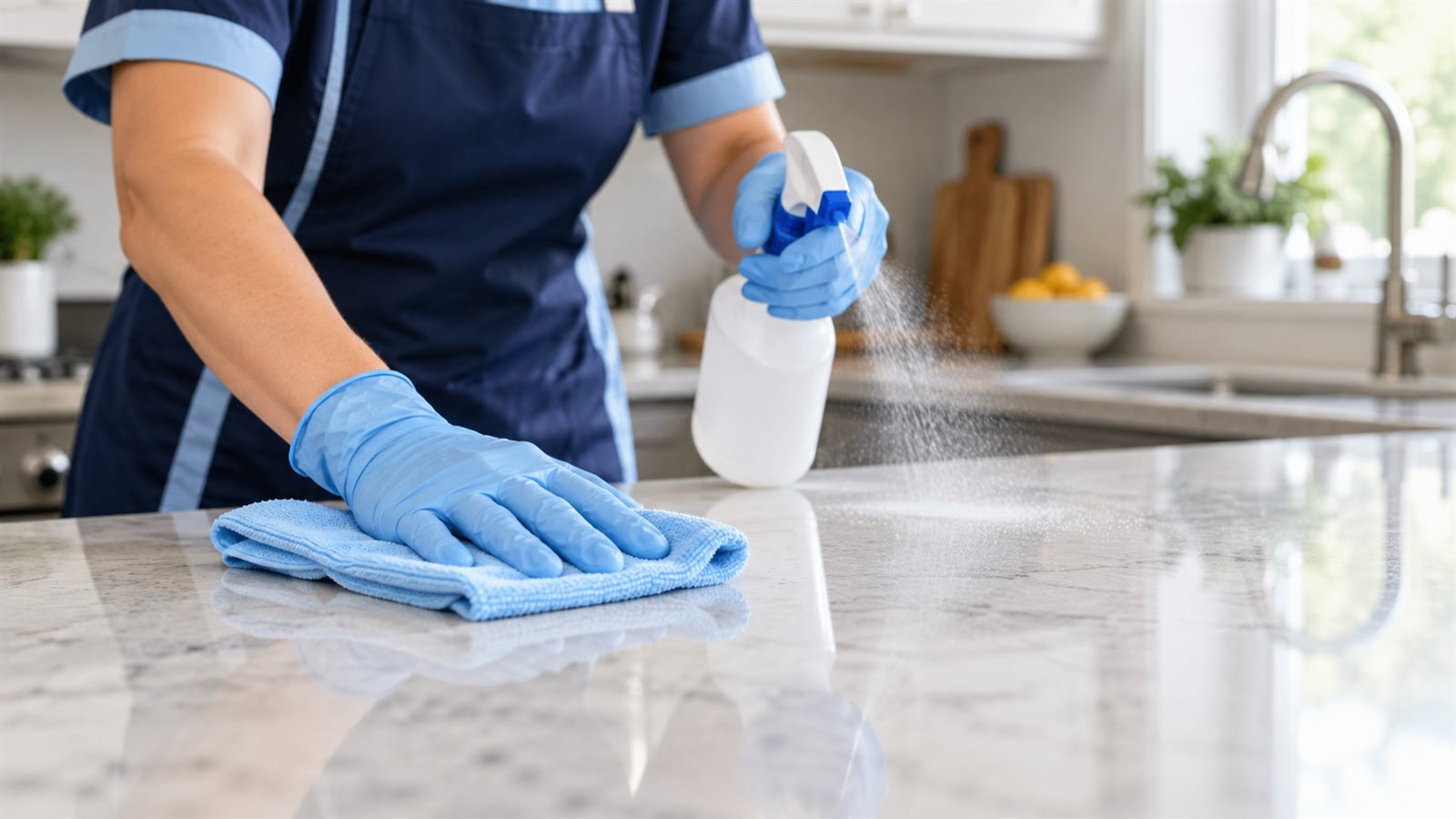 Sanitising a kitchen worktop during a Dubai disinfection service