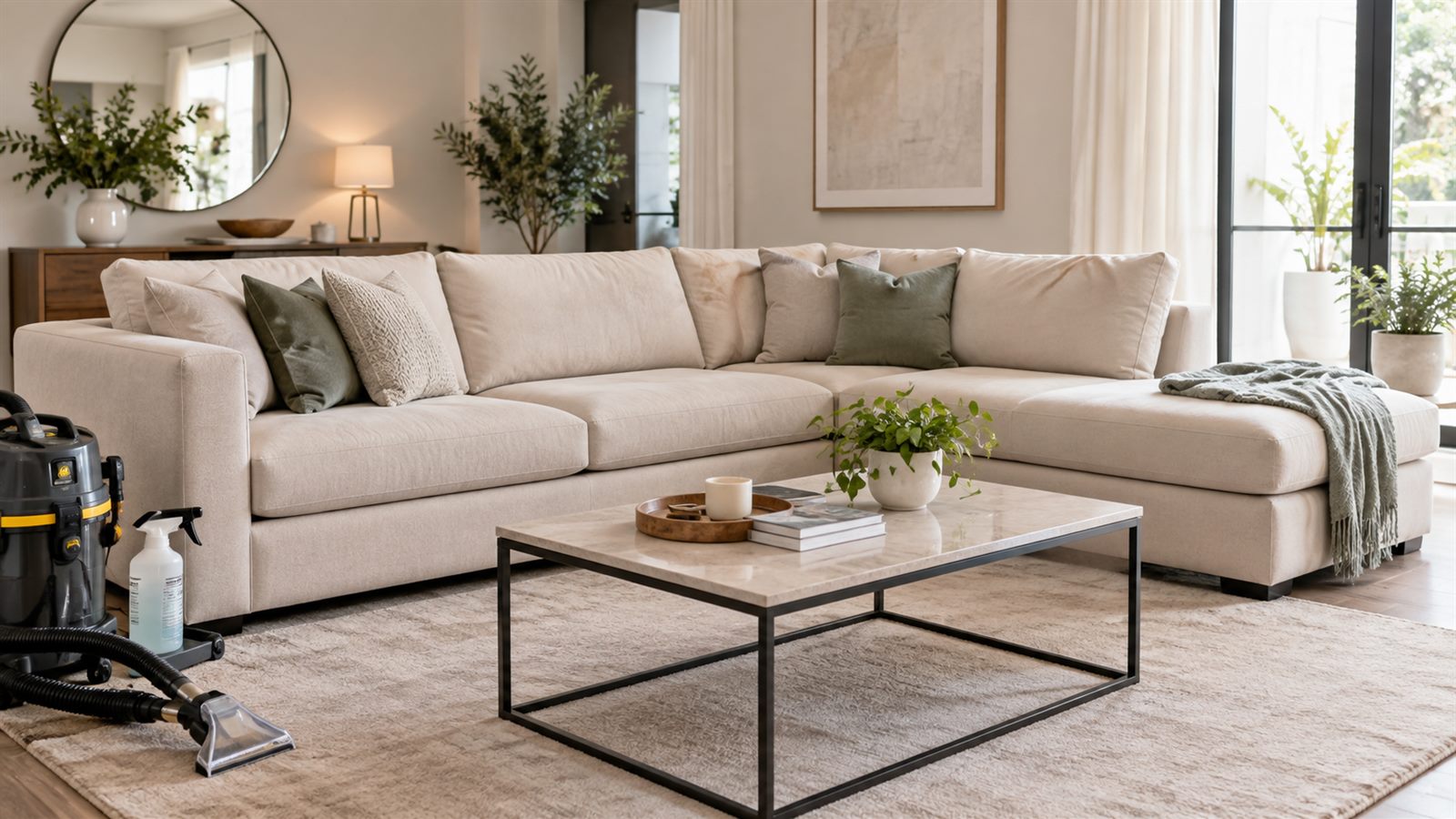 Finished L-shaped sofa cleaned by Elite Maids in a Dubai living room