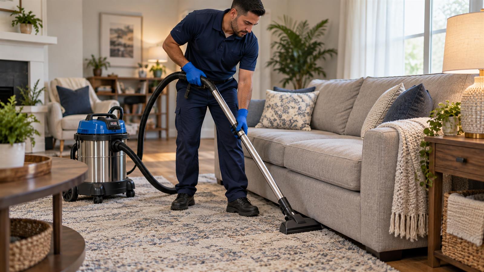 Living room deep cleaning with an industrial vacuum in Dubai