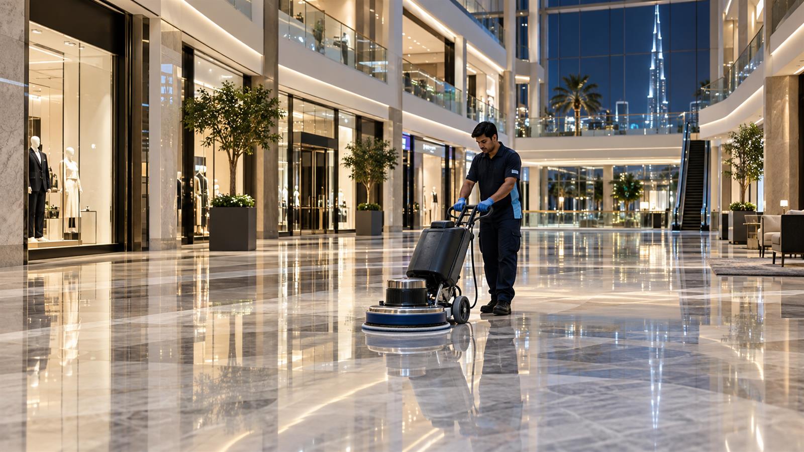 Mall atrium floor polished overnight in Dubai
