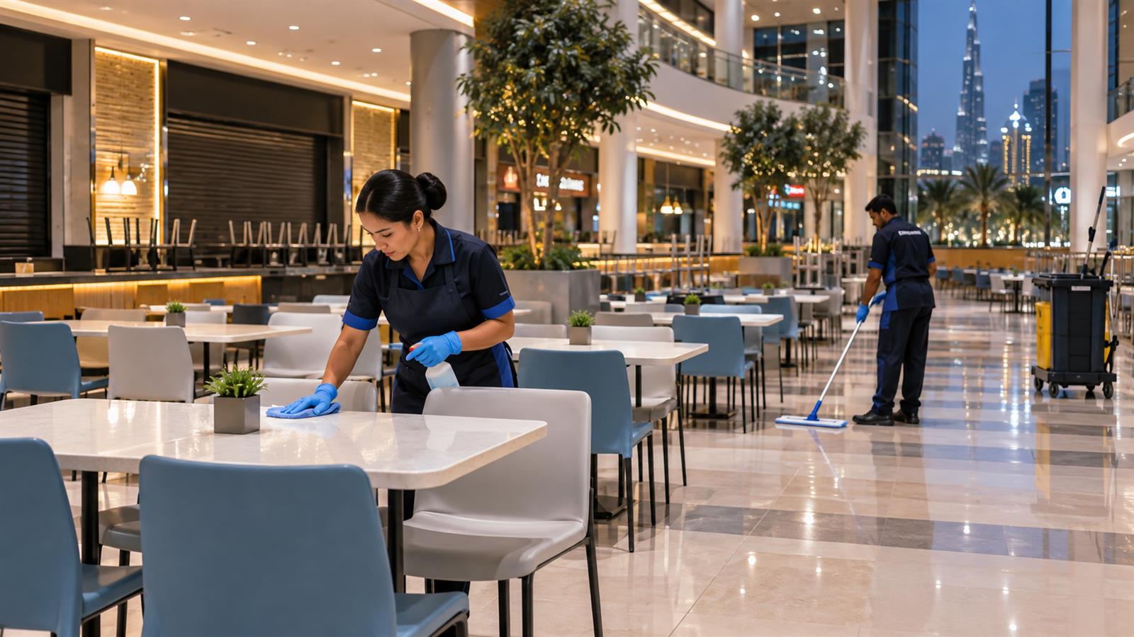 Food court tables and floors cleaned after closing in Dubai