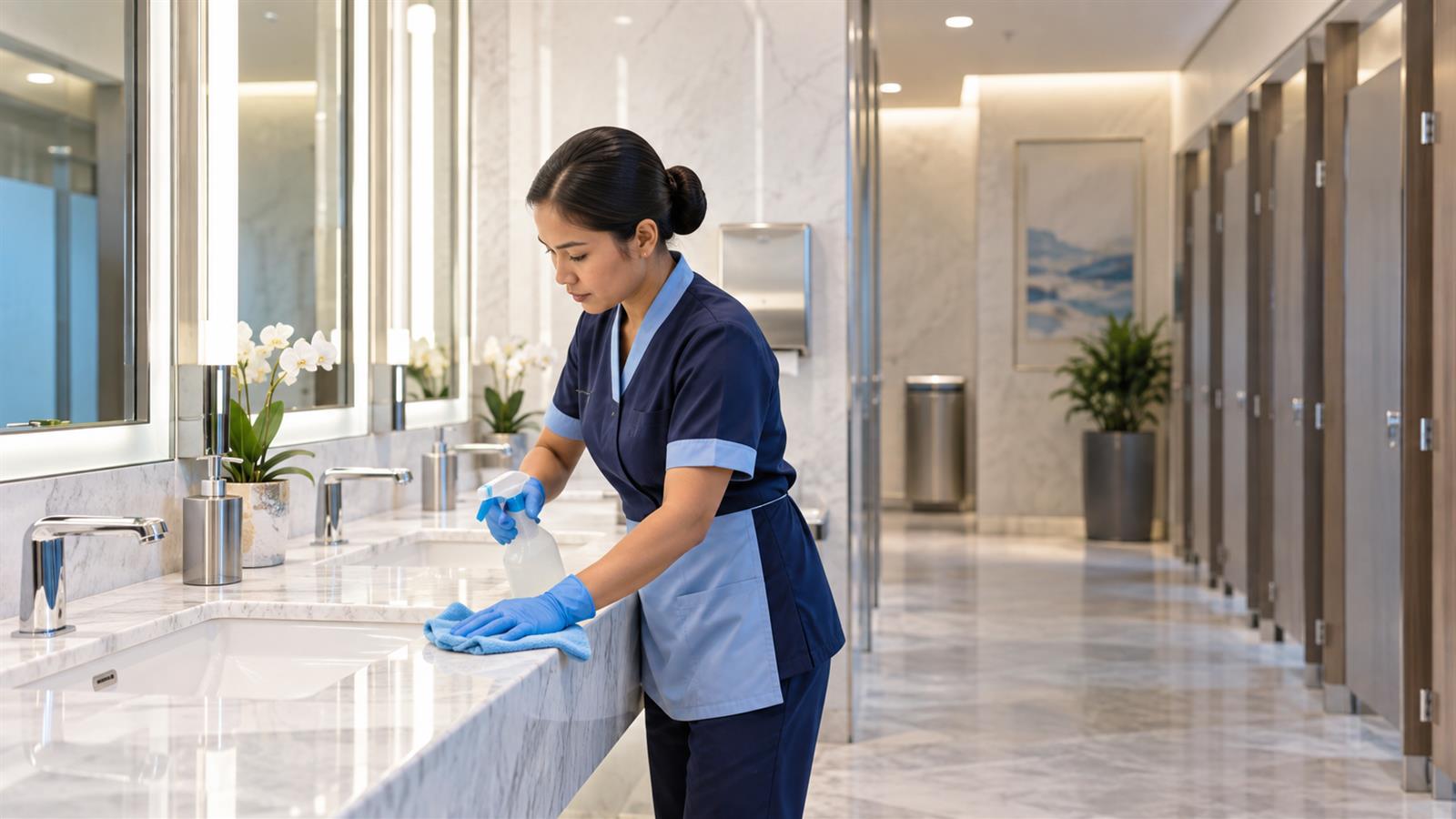 Mall restroom sanitised during a cleaning shift in Dubai