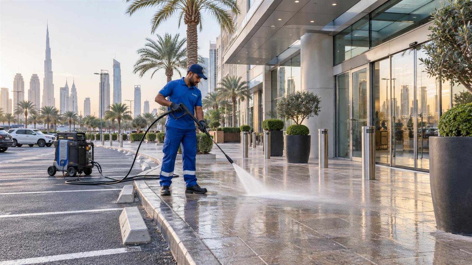 Pressure washing a mall sidewalk and parking area in Dubai