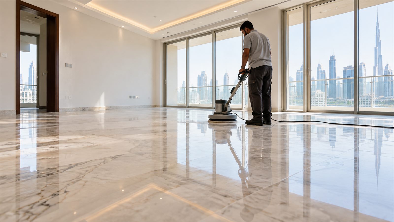 Marble floor polished before a Dubai apartment handover