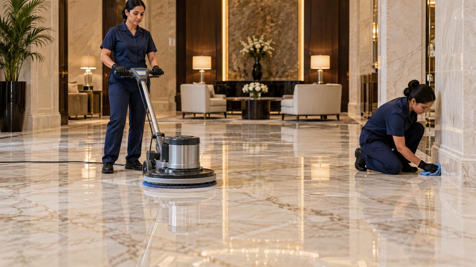 Marble floor being polished during a floor cleaning service in Dubai