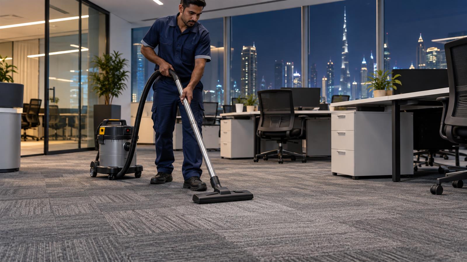 Vacuuming an office carpet during a scheduled cleaning contract
