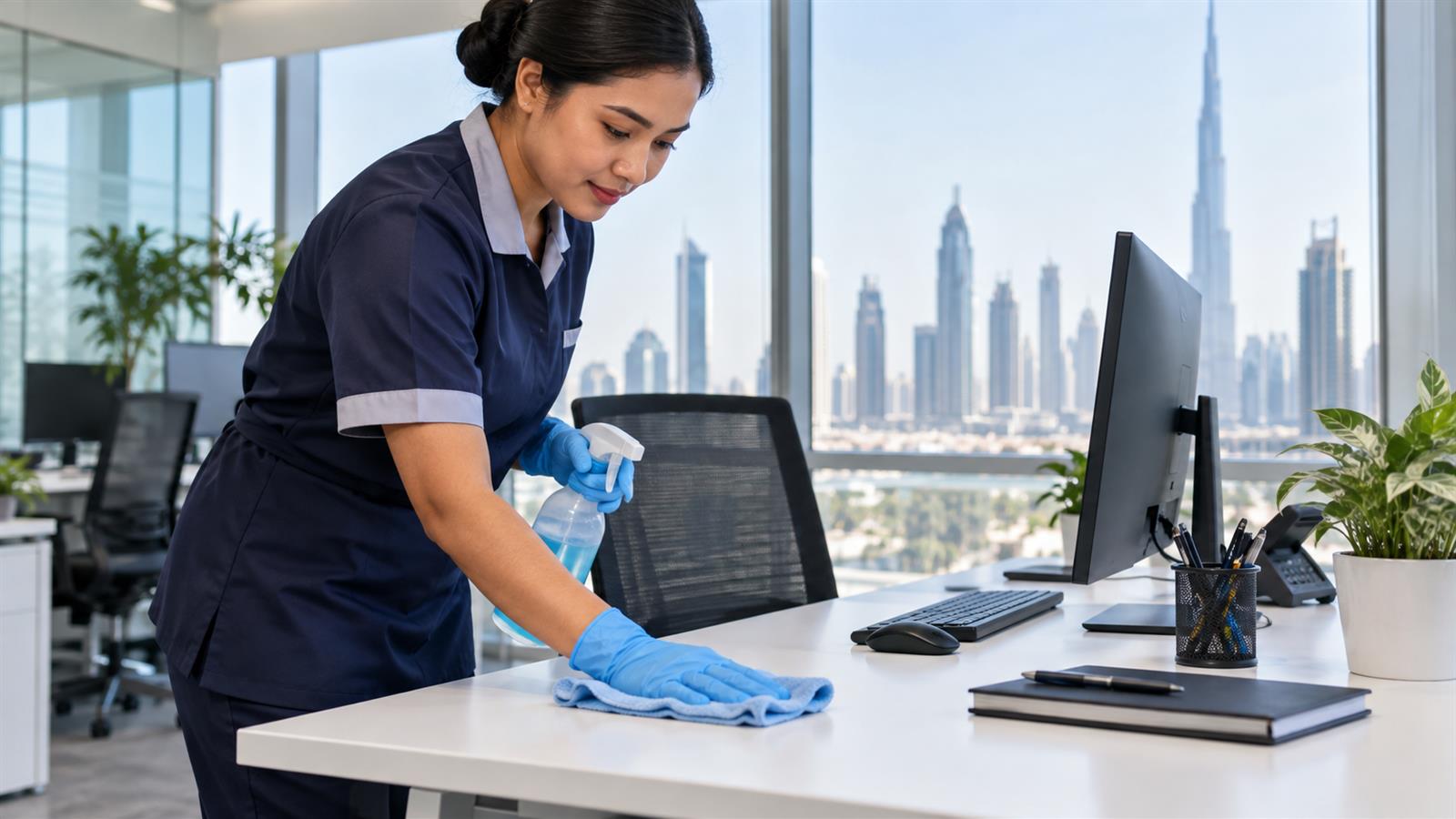Office cleaner dusting a desk in a Downtown Dubai workspace