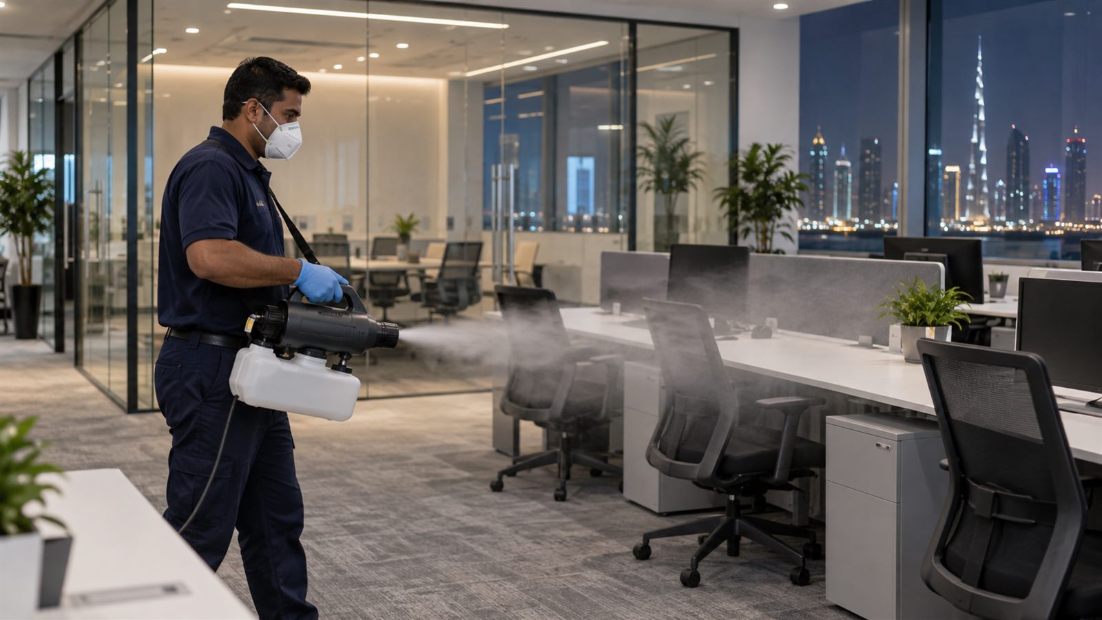 Disinfectant fogging in a Dubai office before reopening