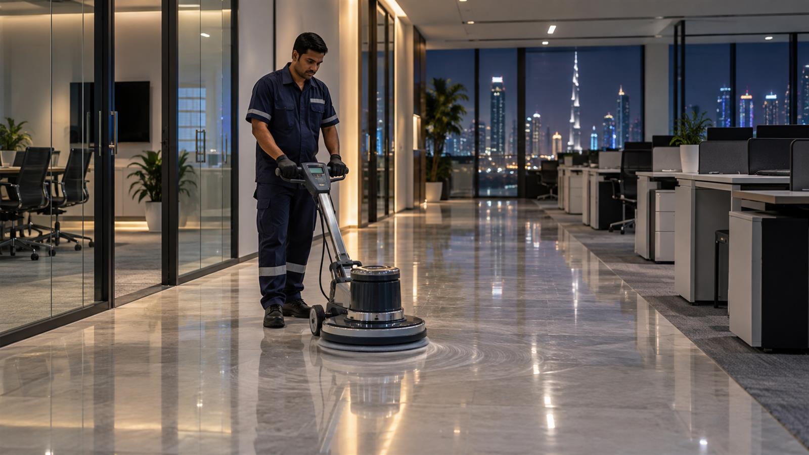 Office floor being machine-polished after hours in Dubai