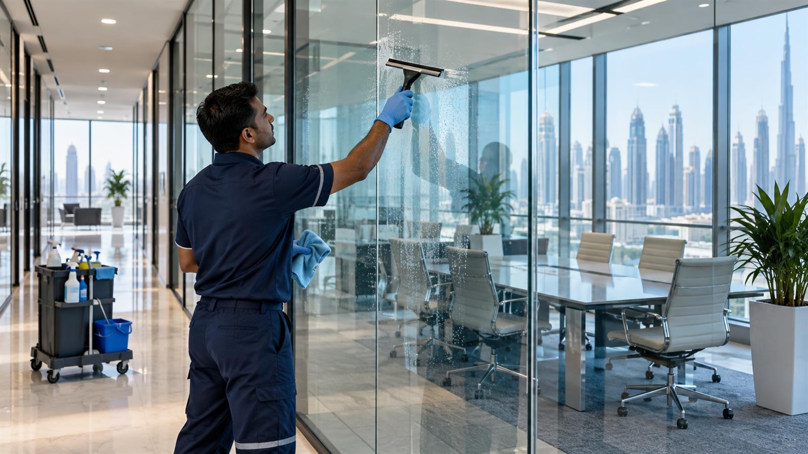 Glass partition cleaning as part of office cleaning services in Dubai