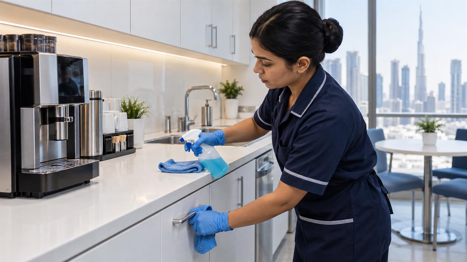 Sanitising high-touch surfaces in a Dubai office pantry