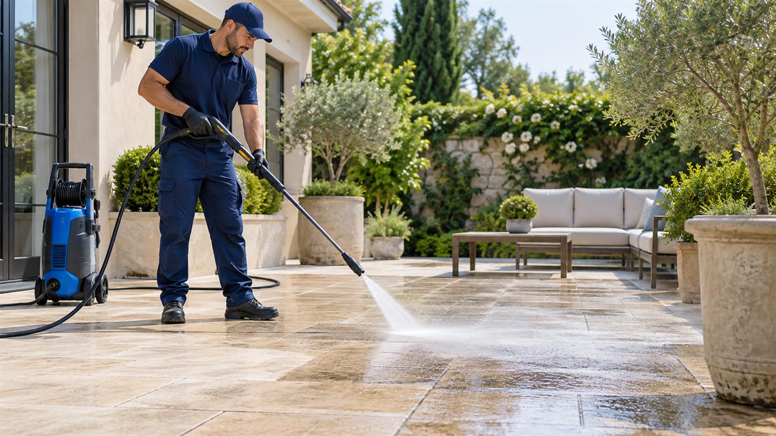 Outdoor patio pressure cleaning at a villa in Arjan