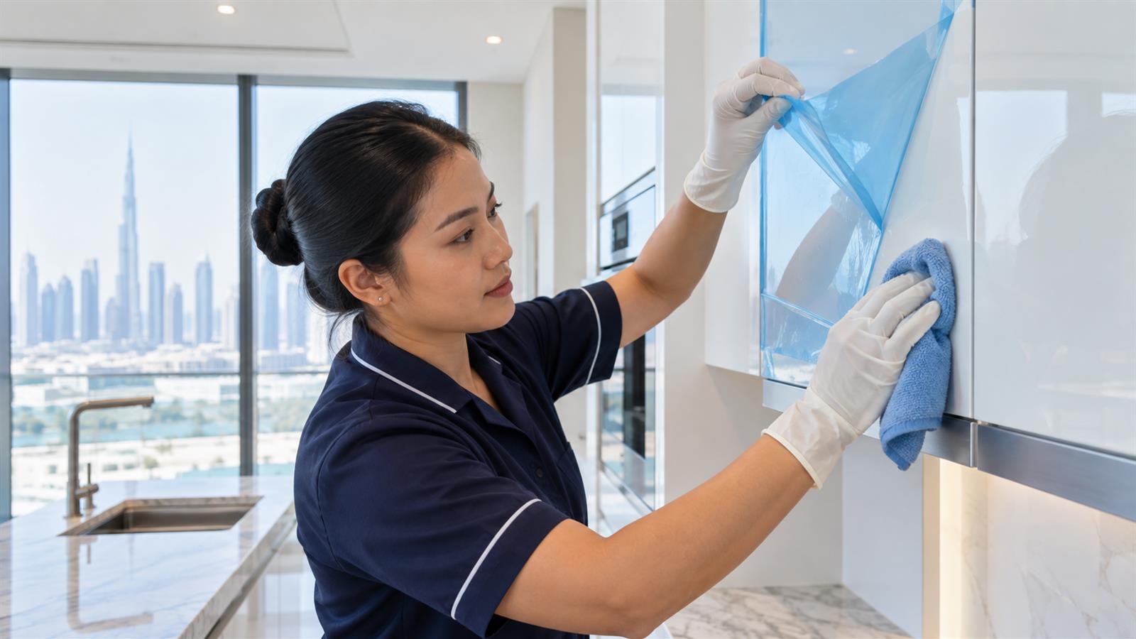 Protective film removal during handover cleaning in Dubai
