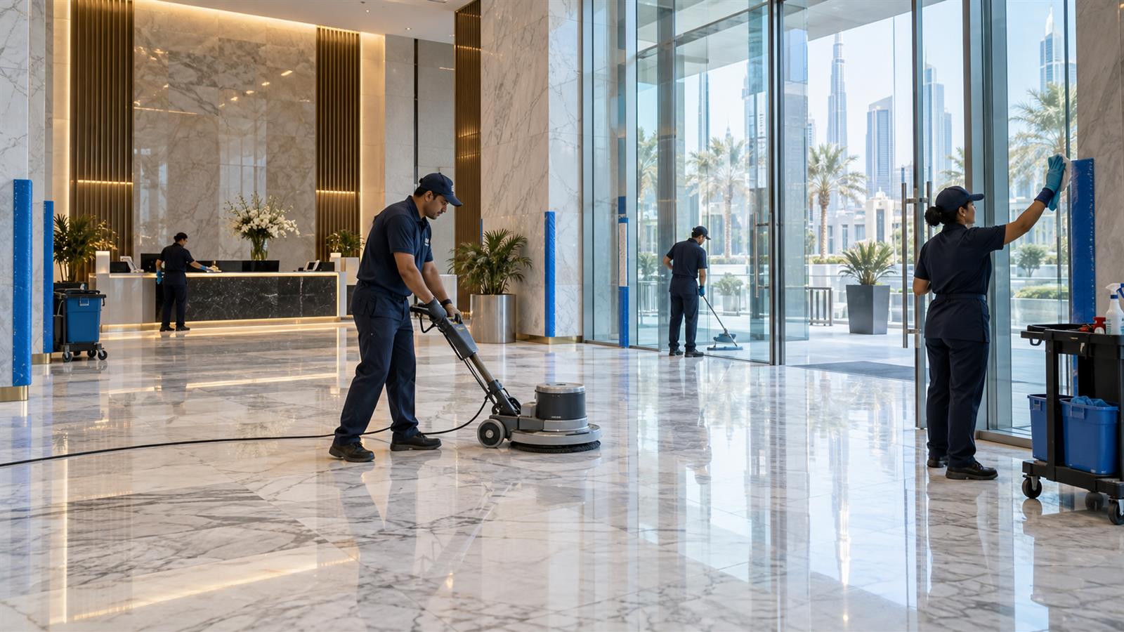 New-build tower lobby cleaned before handover in Dubai