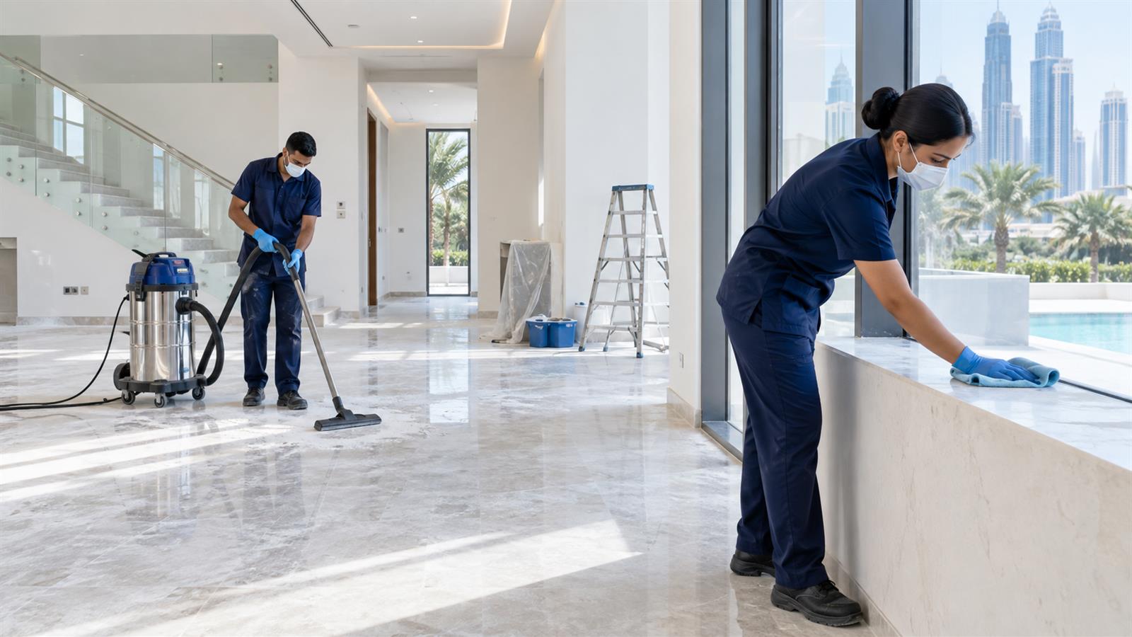 Post-construction dust removal during a deep clean in Al Furjan