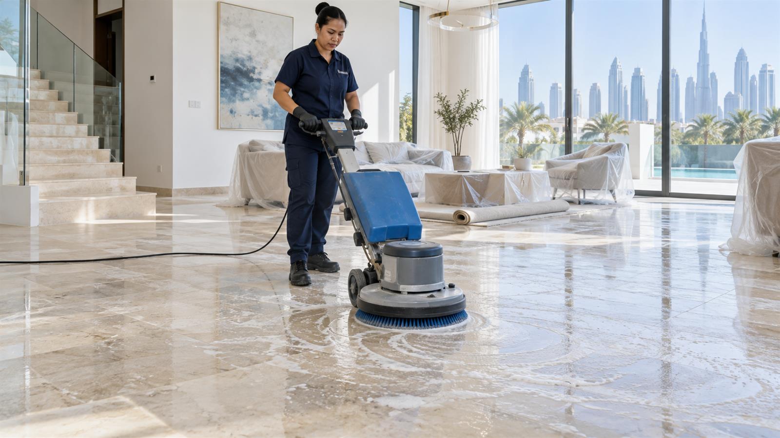 Floor scrubbing after a villa renovation in Dubai