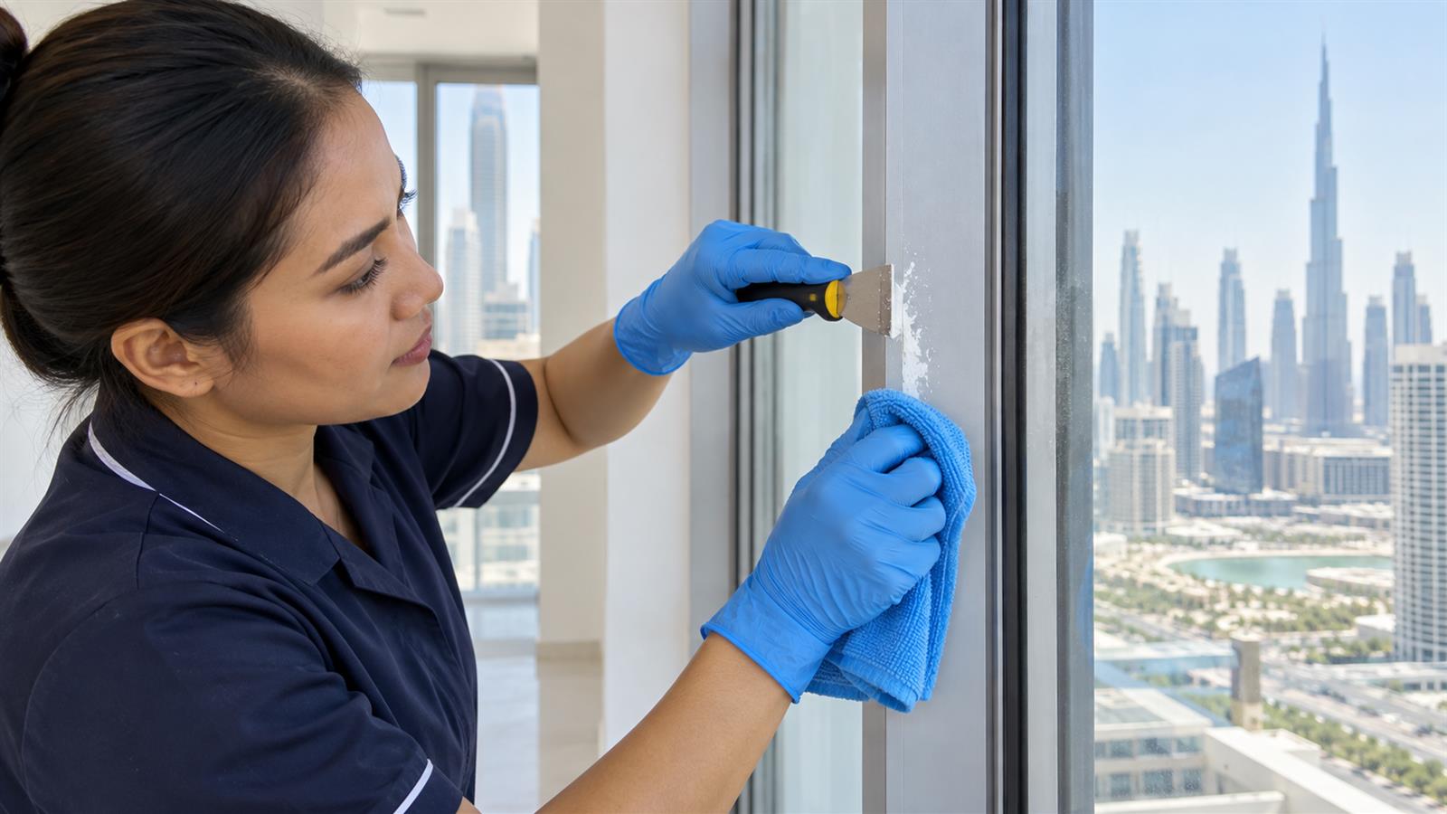 Paint and adhesive residue cleaned from a window frame in Dubai