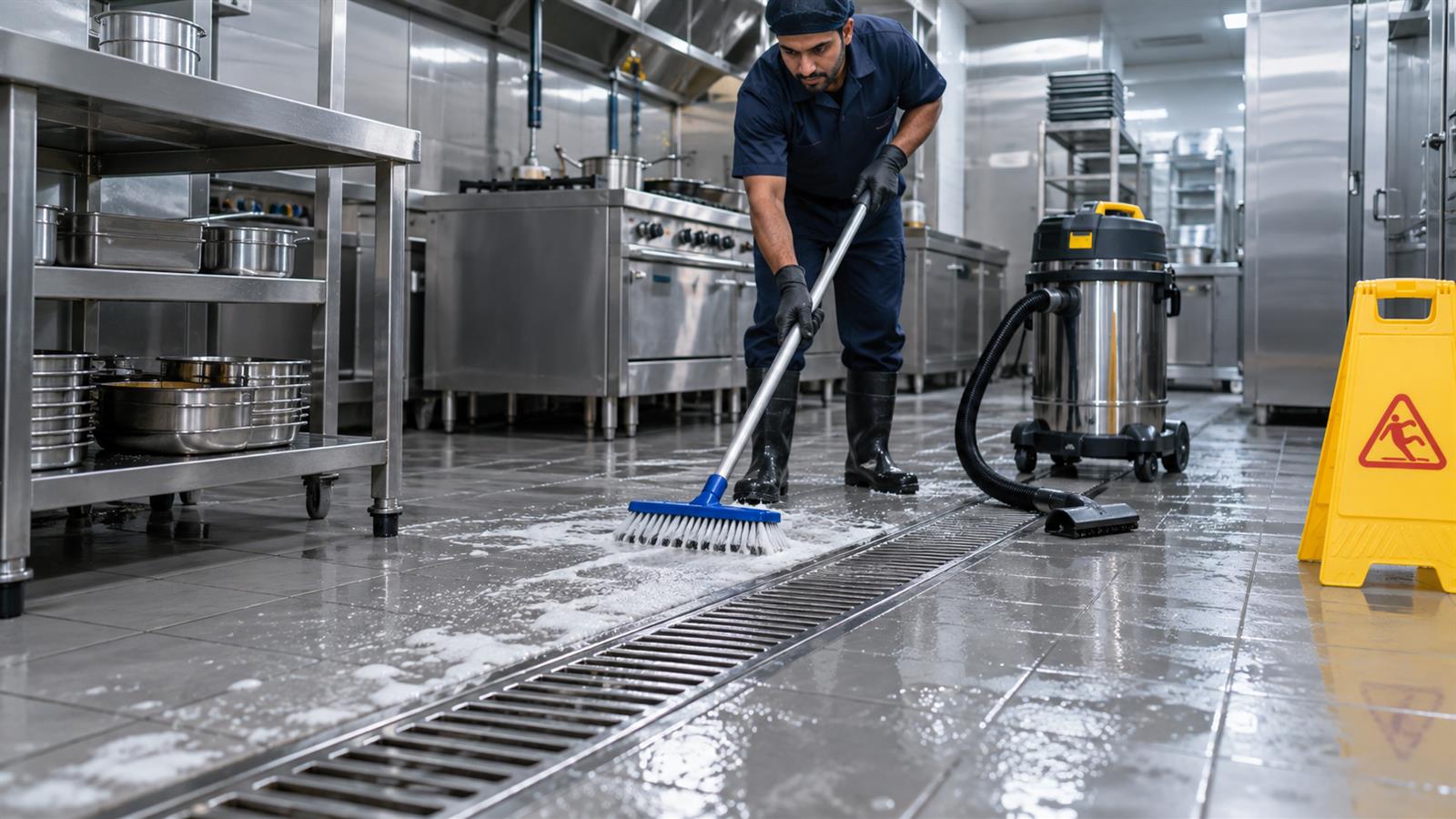 Restaurant kitchen floor and drains deep cleaned in Dubai