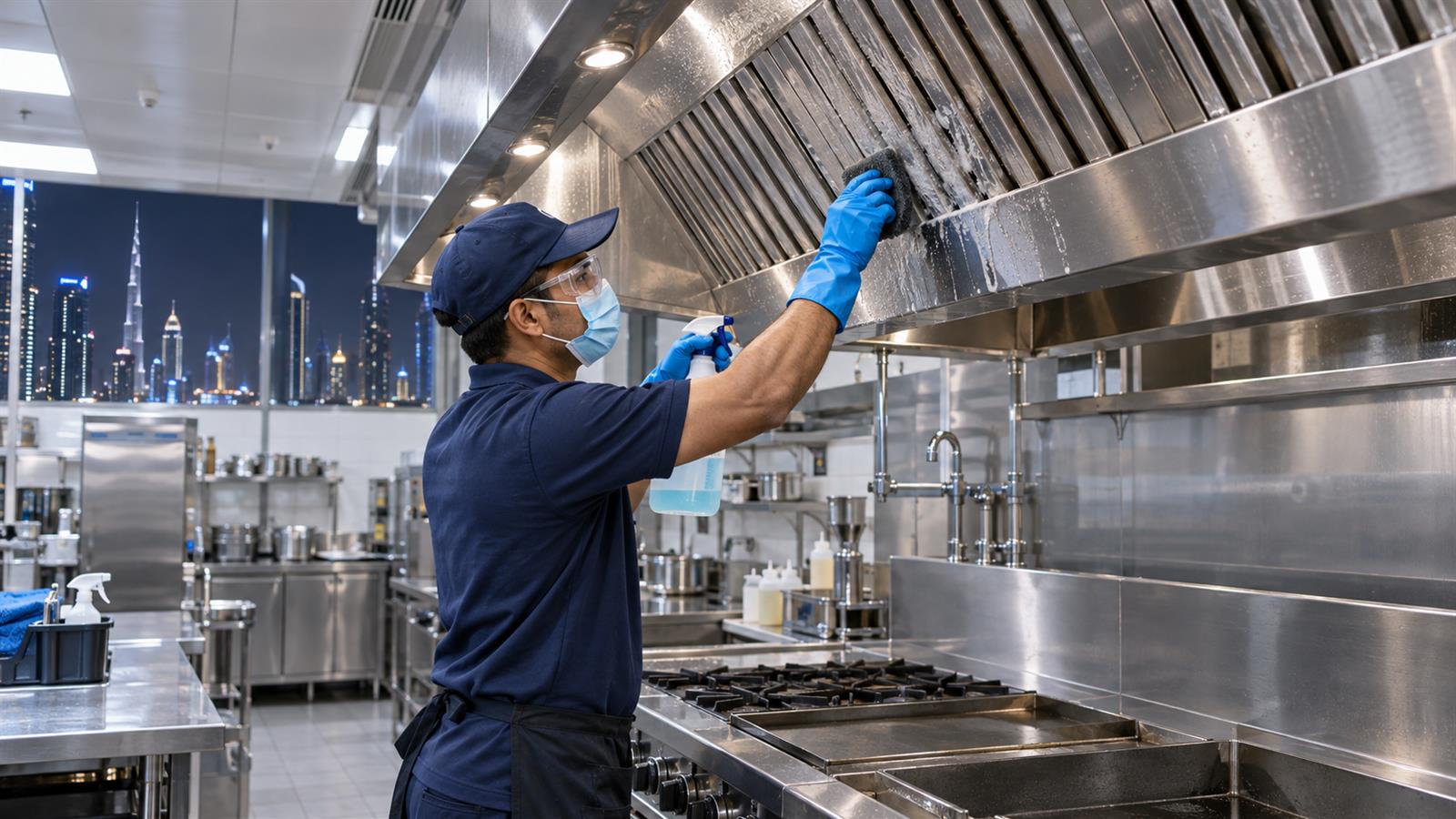 Commercial kitchen extraction hood degreasing in Dubai