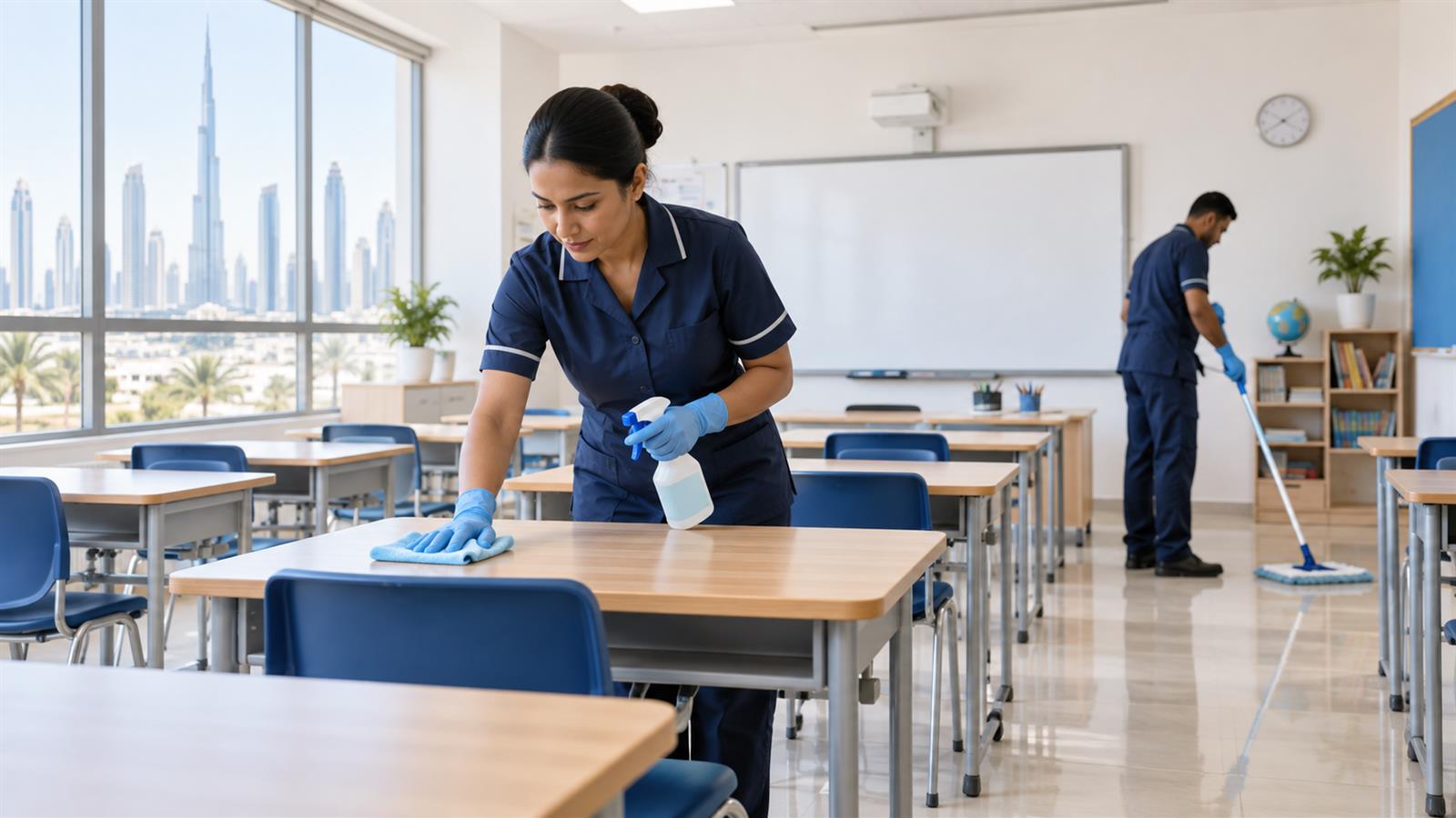 Classroom desks and floors deep cleaned in a Dubai school