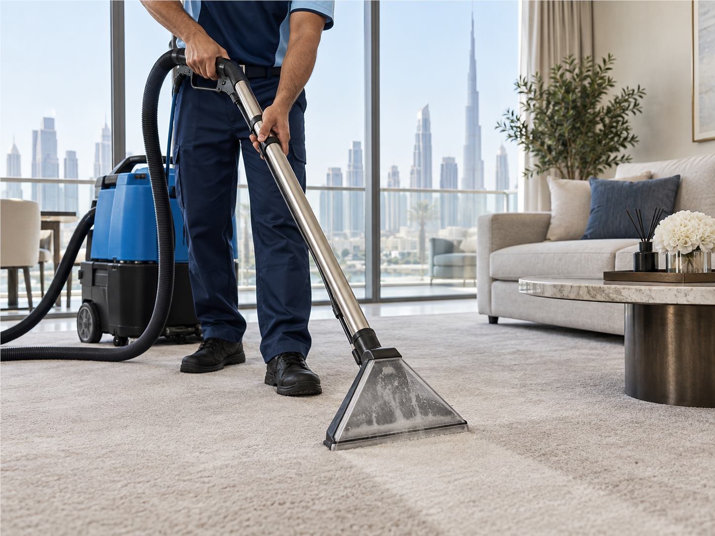 Industrial vacuum cleaning a carpet in a Dubai apartment