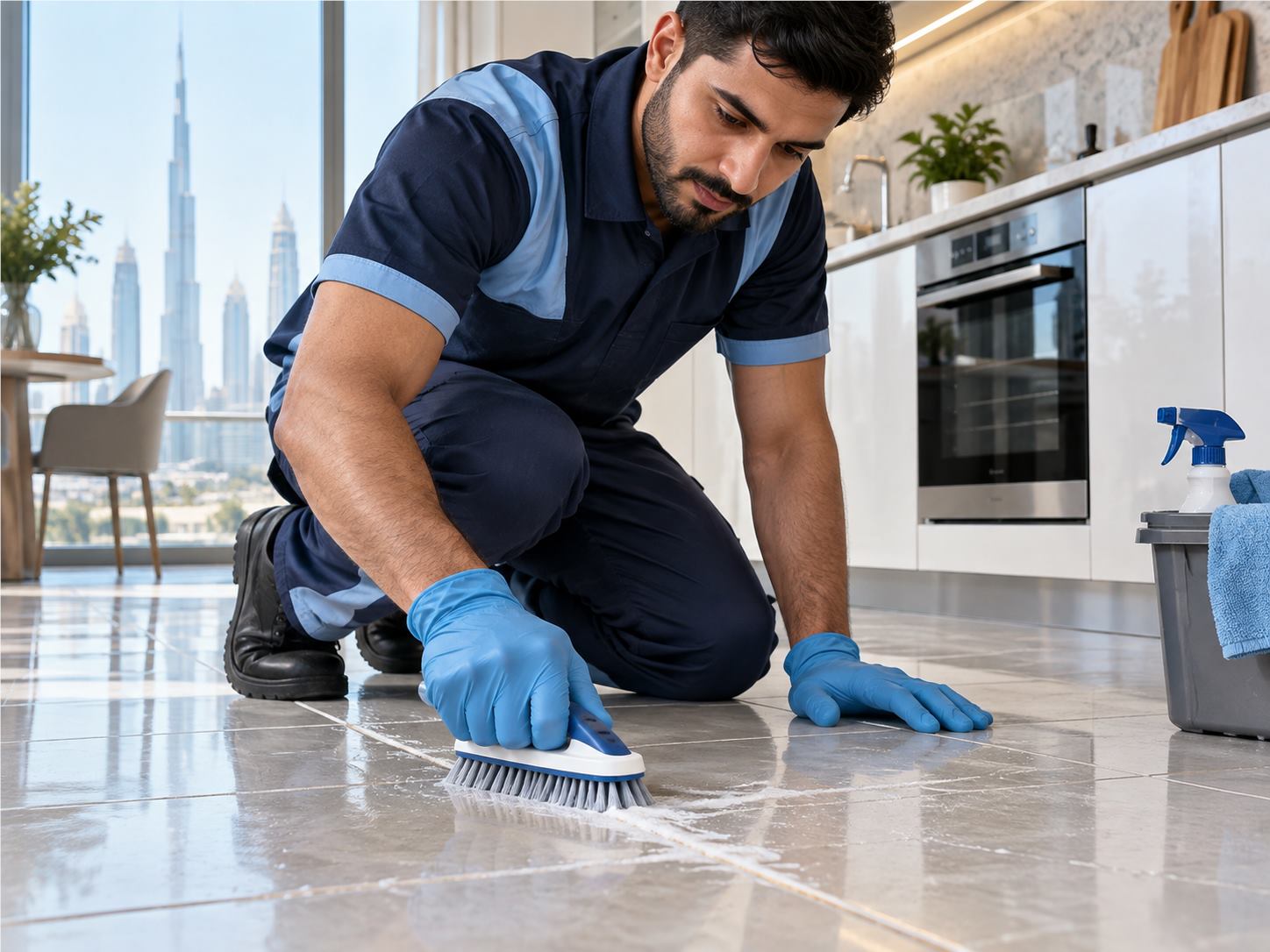 Deep cleaning technician scrubbing kitchen tiles in a Dubai apartment