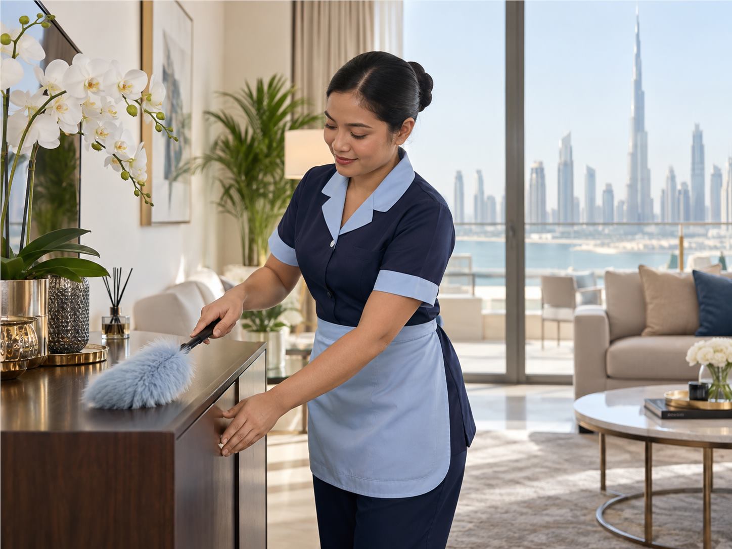 Elite Maids cleaner mopping a living room floor in a Dubai apartment