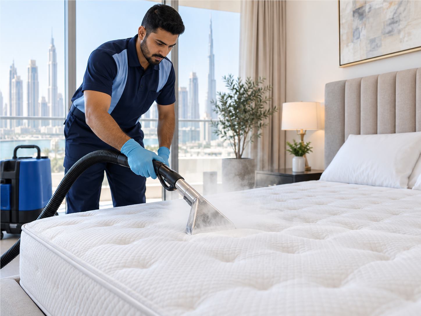 Mattress steam cleaning in a Dubai bedroom