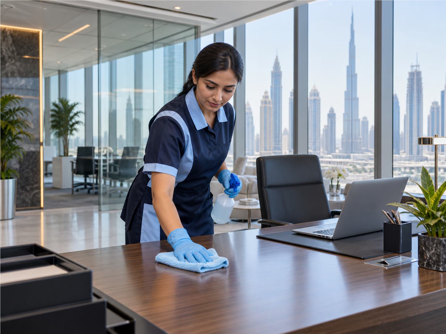 Office cleaner wiping down a desk in a Downtown Dubai workspace