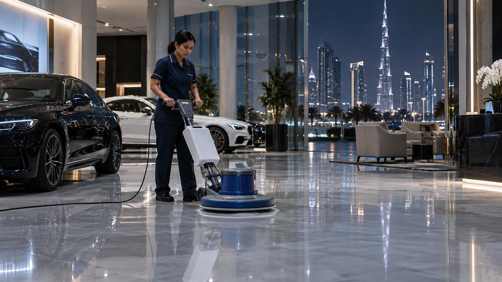 Showroom floor polished after trading hours in Dubai