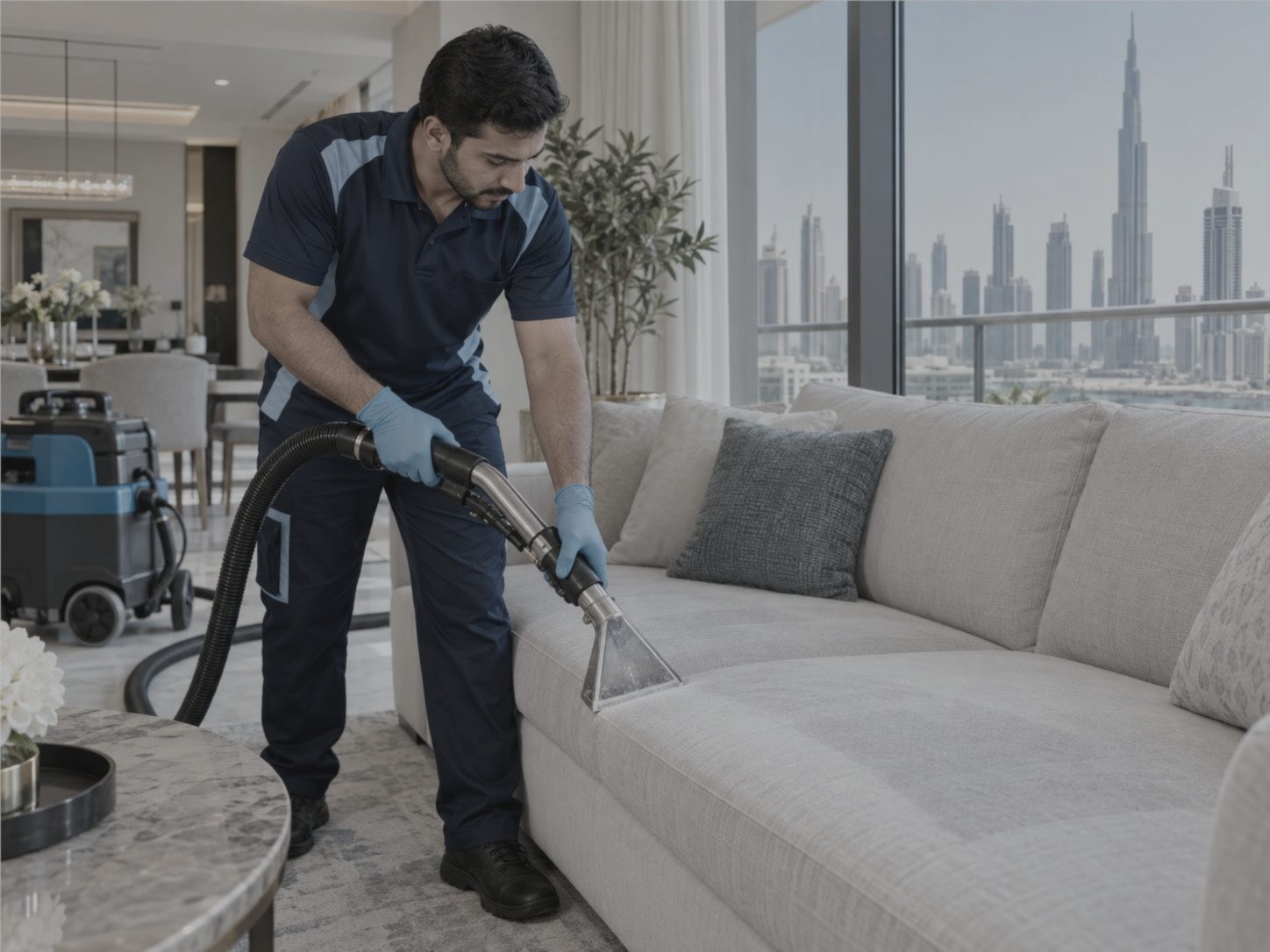 Fabric sofa before professional cleaning in a Dubai apartment